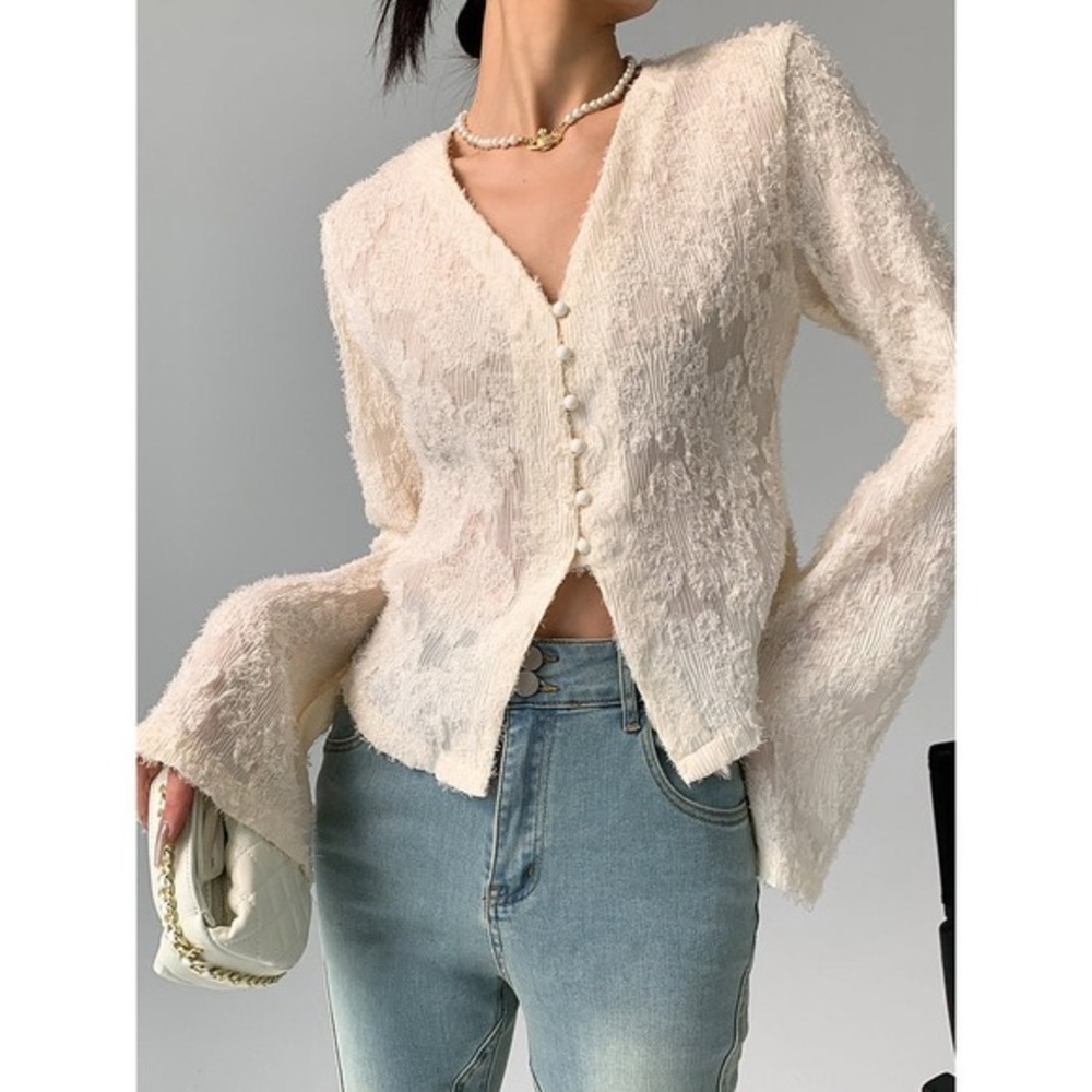 Commense Semi-Sheer V-Neck Button Front Bell Sleeve Blouse Apricot size M